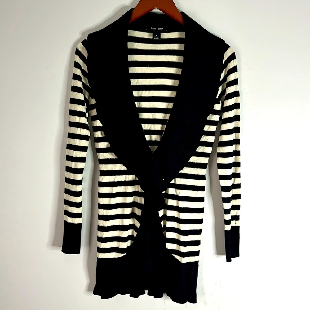 White House Black Market Cream Striped Ruffle Silk Blend Cardigan Sweater size S